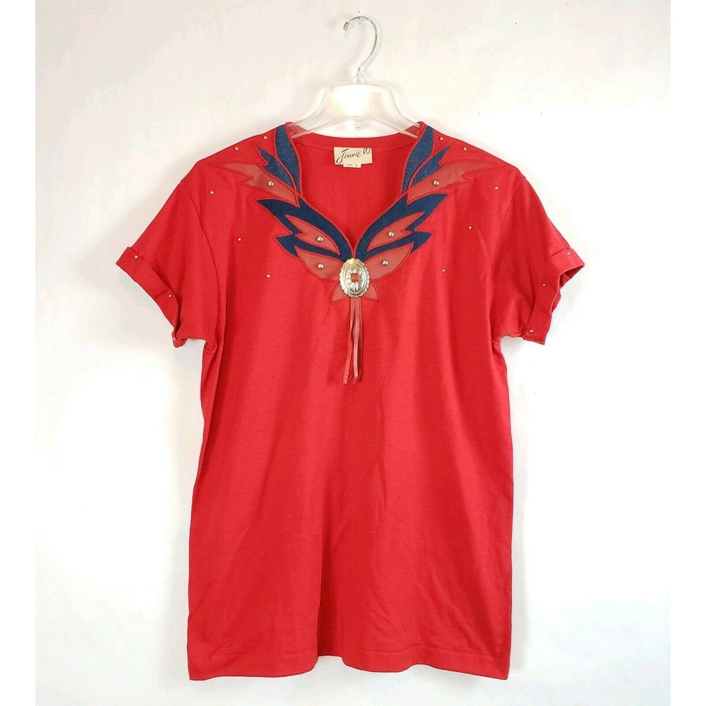Joanie W. SIZE M Red V Neck Western Studded Fringe Silver Concho Embellished Top
